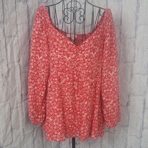 LOFT Red Heart Print Sweetheart Neckline Blouse Size 10‎